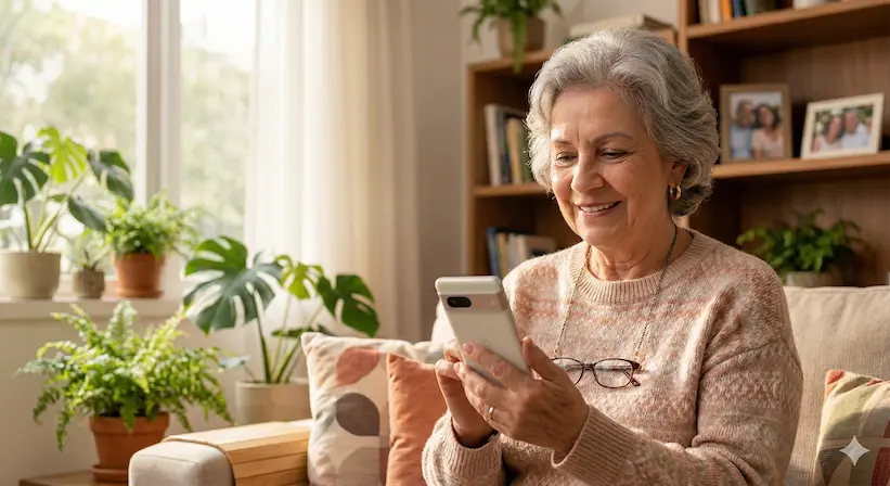 Idosa feliz aprendendo a usar o notebook e celular