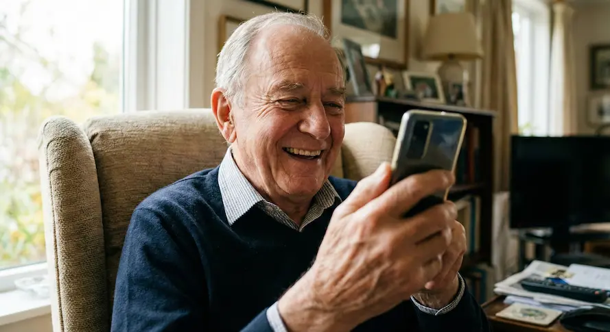 Idosa feliz e confiante usando tecnologia sem depender de ninguém